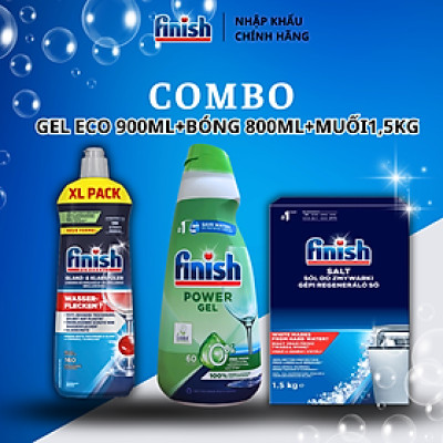 Combo Gel rửa bát Finish All in 1 Shine&Protect 650ml + Muối Finish 4kg + Nước làm bóng Finish 750ml