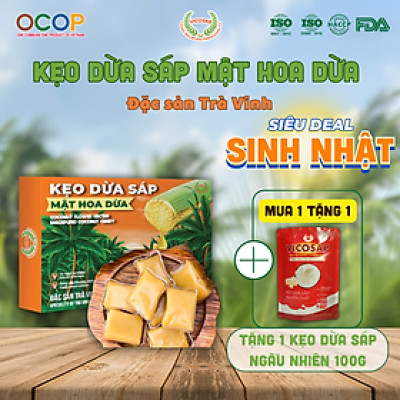 Kẹo dừa sáp VICOSAP mật hoa dừa không đường đồ ăn vặt healthy kẹo mềm dẻo đặc sản Trà Vinh hộp 180g
