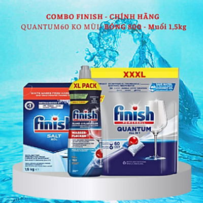 Combo viên rửa bát Finish Quantum 60 viên hương thường + Muối Finish 1,5kg + Nước làm bóng Finish 750ml