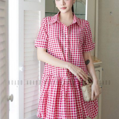 Đầm babydoll caro đỏ cổ sơ mi NGADO , đầm caro , đầm Nữ