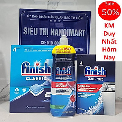 Combo Viên rửa bát Finish Classic 90 viên hương chanh + Muối Finish 1.5kg + Nước làm bóng Finish 750ml