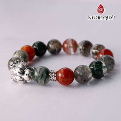 Vòng tay đá ưu linh đa sắc phối đầu hổ hạt 12mm - Ngọc Quý