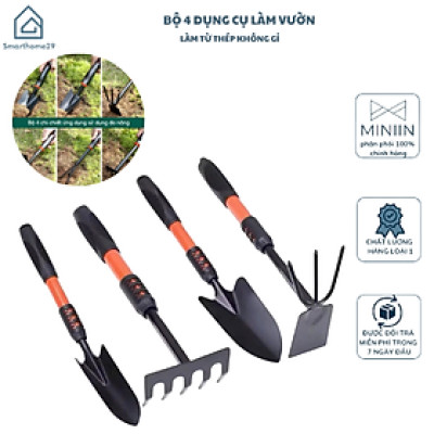 Bộ 4 Dụng Cụ Làm Vườn Mini Thép Sơn Tĩnh Điện Bền Đẹp – Xẻng Cào Cuốc 2 Đầu Tay Cầm Bọc Cao Su Chống Trượt – Dụng Cụ Trồng Hoa Rau Cây Cảnh, Đào Xới Đất Chăm Sóc Vườn Tại Nhà - HÀNG CHINH HÃNG MINIIN