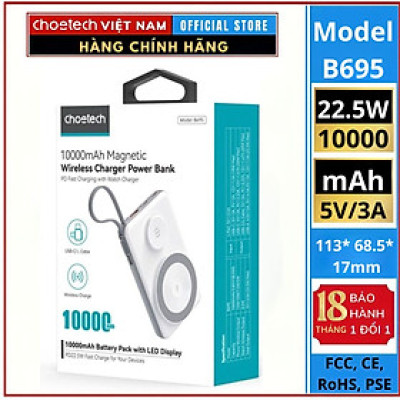 Pin dự phòng Choetech B695 Mag.safe 3 in 1 Công Suất 22.5W tích hợp thêm dây cáp sạc Light.ning và Type C (Hàng chính hãng)