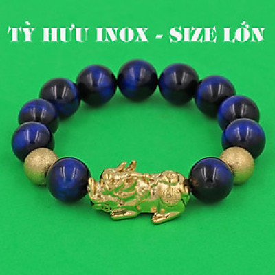 Vòng chuỗi đeo tay đá mắt hổ vàng đen 14 ly ( size lớn ) charm tỳ hưu và bi inox vàng, vòng tay chuỗi hạt