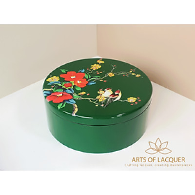 Hộp Tròn Sơn Mài Họa Tiết Chim Hoa Xanh Đậm