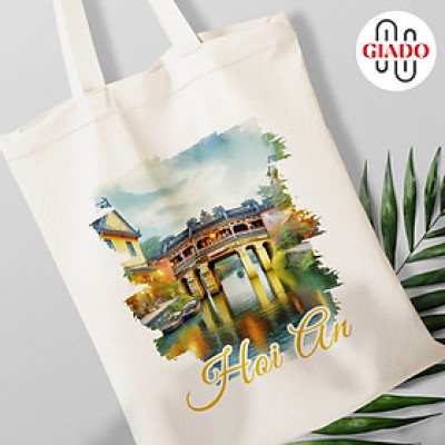 Túi canvas GIADO, túi vải bố, túi tote mẫu Hội An chùa Cầu chữ vàng
