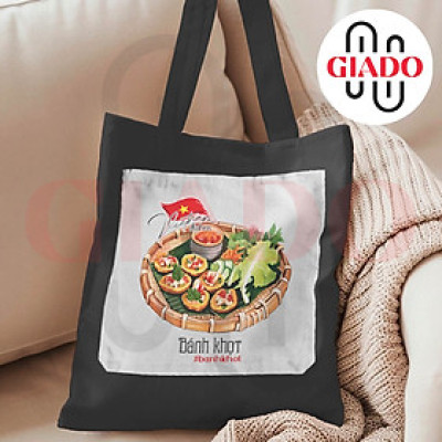 Túi canvas GIADO, túi canvas đen, túi tote in hình món ăn Việt Nam mẫu Bánh khọt