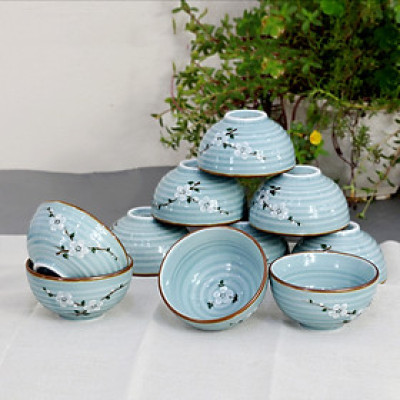 Bộ bát ăn cơm men Lam Ngọc vẽ hoa Anh Đào cao cấp gốm sứ Bảo Khánh Bát Tràng