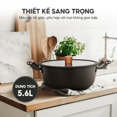 Nồi gang chống dính đa năng Lebenlang LBL2526, size 28, 5.6L, nắp kính tay cầm gỗ dùng mọi loại bếp - hàng chính hãng