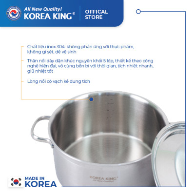 KP-22S5PLY Nồi inox 5 lớp đáy liền Korea King (Nồi, nắp đều bằng inox, đường kính 22cm, dung tích 4L)-Hàng chính hãng
