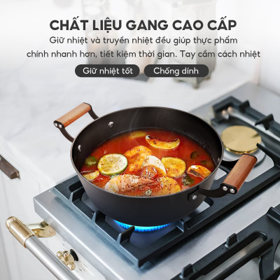 Nồi gang chống dính đa năng Lebenlang LBL2526, size 28, 5.6L, nắp kính tay cầm gỗ dùng mọi loại bếp - hàng chính hãng