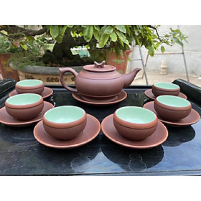 Ấm chén tử sa dáng trống đai nâu chỉ đỏ lòng xanh giá xưởng