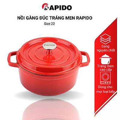 Nồi gang đúc tráng men Rapido cao cấp size 22cm phù hợp mọi loại bếp gia đình - Hàng chính hãng