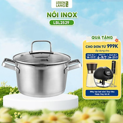 Nồi inox 304 vung kính đáy 3 lớp Lebenlang LBL2529, size 20 có khe chắt nước, dùng cho mọi loại bếp - hàng chính hãng