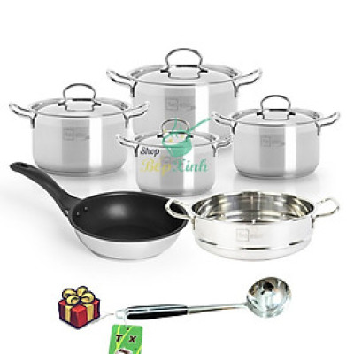 Bộ nồi xửng chảo 3 đáy inox 304 FiveStar Plus FS08CV 6 món bếp từ nắp inox