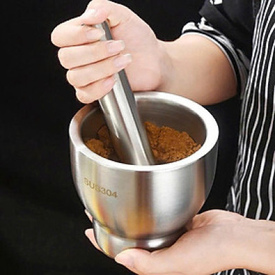 Cối chày inox 304  cao cấp đúc nguyên khối - Kèm nắp đậy , dùng giã hành tỏi, ớt, cua  , dày dặn, không bám mùi, dễ vệ sinh - Size 10cm