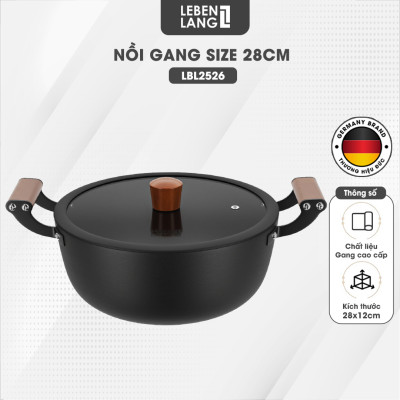 Nồi gang chống dính đa năng Lebenlang LBL2526, size 28, 5.6L, nắp kính tay cầm gỗ dùng mọi loại bếp - hàng chính hãng