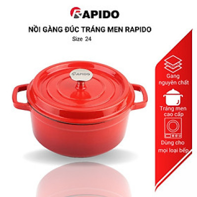 Nồi gang đúc tráng men Rapido cao cấp size 24cm phù hợp mọi loại bếp gia đình - Hàng chính hãng