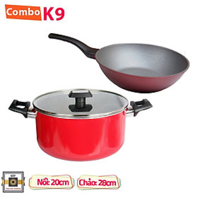 Combo 2 món cao cấp Hàn Quốc, nồi chống dính vân đá Kimscook, quai chống nóng, nắp kính cường lực viền inox size 20 cm và Chảo đúc chống dính Ecoramic Megastone cao cấp sâu lòng màu mận tím 28 cm, dùng bếp gas, hồng ngoại, ...  Hàng chính hãng