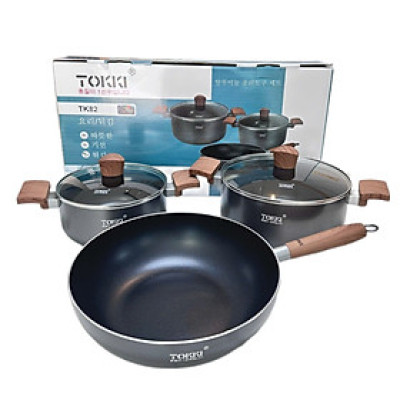 Bộ 2 nồi 1 chảo nhôm chống dính 5 lớp Tokki Hàn Quốc TK82 đáy từ gồm nồi 20cm, 24cm và chảo 28cm