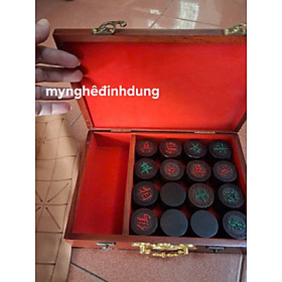 Combo quân cờ tướng bằng gỗ trắc đỏ đen 4.8x1.5cm + hộp đựng + tấm vải  da 