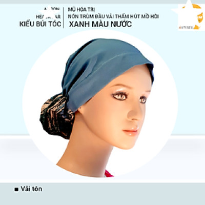 Nón hóa trị vải mềm mát, hút mồ hôi, bệnh nhân ung thư, chemo hat, nón trùm đầu [KIỂU BÚI TÓC-XANH MÀU NƯỚC 