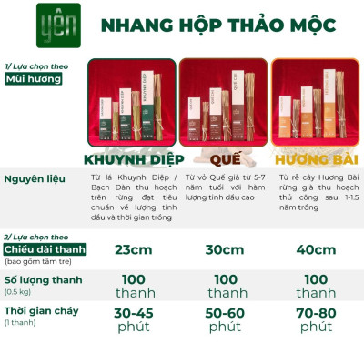 Nhang Thảo Mộc Sạch Mix Quế Khuynh Diệp Hương Bài Loại 23-30-40cm Hộp 100 Thanh Yên 100 % Tự Nhiên Thờ Cúng Thư Giãn