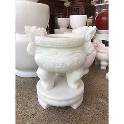 Lư hương, bát hương, bát nhang chạm rồng đặt bàn thờ, mộ đá cẩm thạch trắng - Cao 40 cm