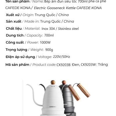 Bếp ấm đun siêu tốc 700ml rót nước pha cà phê CAFE DE KONA