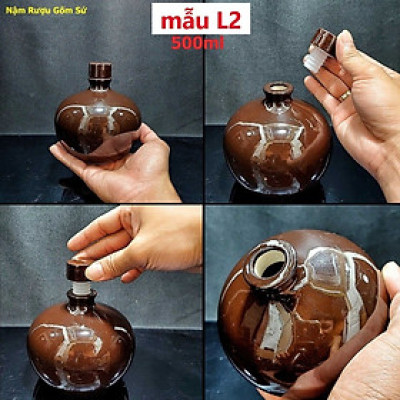 Nậm Rượu 500ML gốm sứ cao cấp mẫu bầu tròn màu nâu bóng - Nậm Đựng Rượu chất lượng đảm bảo (L2)