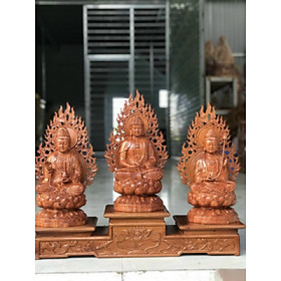 Bộ tượng phật tam thánh bằng gỗ hương đá kt cao 40 ×20×20cm cả lá chắn hòa quang sâu lưng cao 50cm