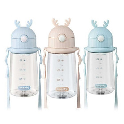 Bình nước có ống mút, có dây đeo Goki Rudy 450ml nắp xừng hươu ngộ nghĩnh - Hàng xuất Nhật