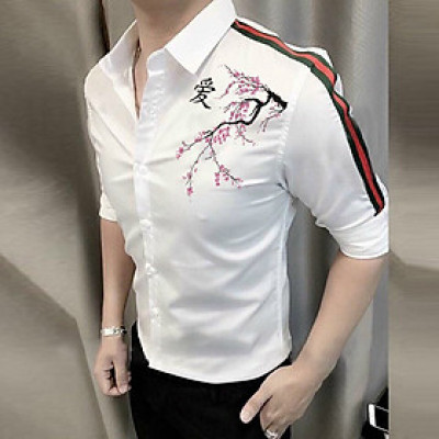 Áo sơ mi nam tay dài viền vai họa tiết cây hoa anh đào