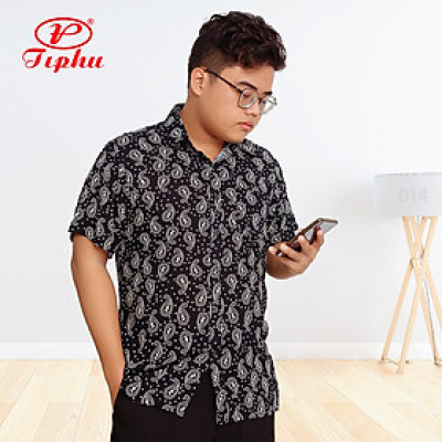 Áo sơ mi đại gia dáng rộng, vạt ngang, tay ngắn, họa tiết dân gian, chất vải siêu mát mẻ, big size 100kg