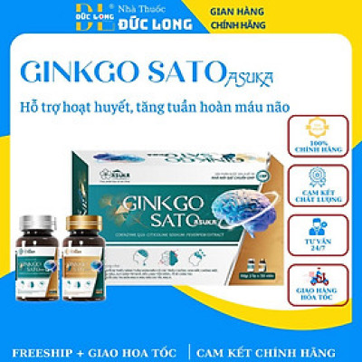Bổ não Ginkgosato sasuka pharma, viên uống bổ não, tuần hoàn máu não, Hộp 2 lọ x 30 viên – Đức Long