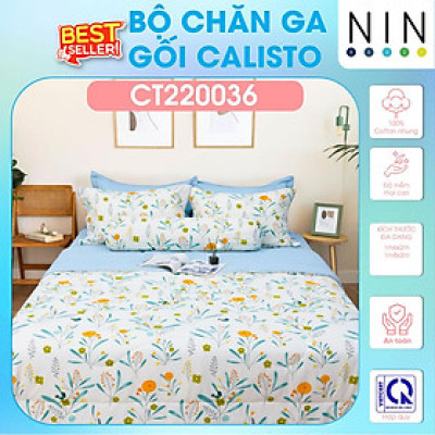 NEW ARRIVAL Bộ 5 món drap cotton, áo gối, mền chần NIN Calisto CT220036 1m6, 1m8 bọc nệm bo chun, cao cấp