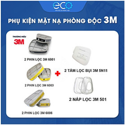 Phin Lọc 3M 6001, 6003, 6006 kết hợp tấm lọc bụi 5N11 cùng nắp giữ 501 lọc hơi hữu cơ xăng dầu phun sơn, chống độc, lọc bụi siêu mịn, vô cơ, hữu cơ