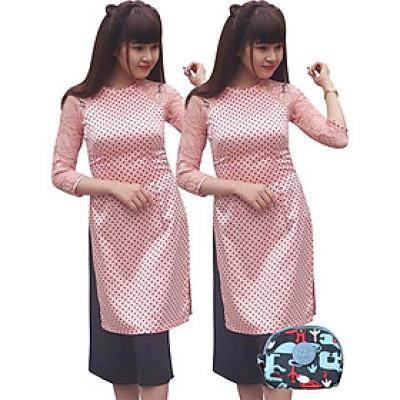 Combo 2 Áo Dài Lụa Chấm Bi FATRALY - Hồng +  Ví Cầm Tay
