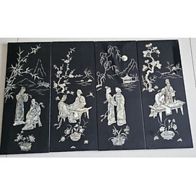 Tranh sơn mài 4 tấm CẦM KÌ THI HỌA, sơn mài xưa, cẩn ốc chìm đẹp 50x80 cm