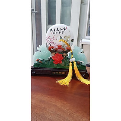 Tượng Đồng Tiền ngọc bội Trắng Tài Lộc Đẹp Size Nhỏ Vừa Dài 28cm x Cao 24cm x Sâu 9cm có Hình Cặp Chim Cong Hoa Đào đẹp Tài Lộc bên Cặp Tỳ Hưu Xanh Ngọc nhẹ đẹp sang Hút Tài Lộc có Như Ý thỏi vàng đế gỗ hoa đẹp quá biểu tượng sự cao quý ạ