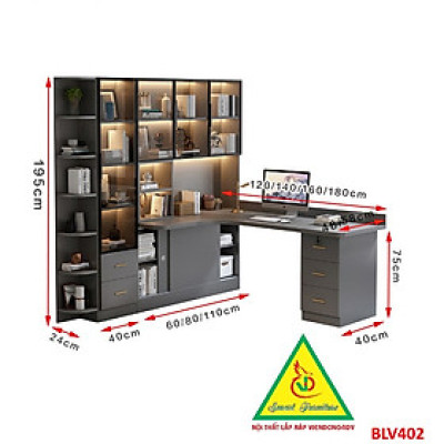 BÀN HỌC – BÀN LÀM VIỆC LIỀN KỆ GỖ MDF TỦ CÁNH KÍNH CÓ ĐÈN LED BLV402 - NỘI THẤT LẮP RÁP VIENDONGADV