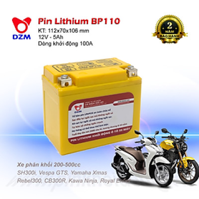 Pin khởi động Xe máy Mô tô DZM BP110, Tuổi thọ 8-10 năm | Thay Ắc quy chì | Pin Lithium LifePO4 | 12V - 5Ah - 100A | Phù hợp với các dòng xe máy phân khối  200-500cc