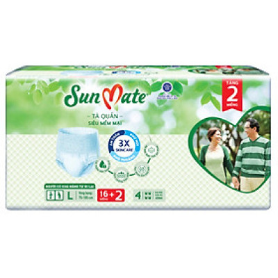 Tặng Thêm 2 Miếng- Tã Quần Sunmate L16 Siêu Mềm Mại - Tã quần người lớn Sunmate (Sunmate Size L 16 +2 Miếng/ Gói)- Hsd luôn mới