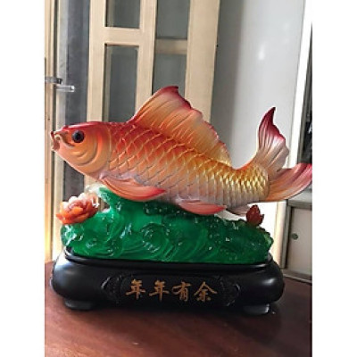 Tượng Cá Chép Đỏ Vẫy Đuôi Phong Thủy mới lớn đế hoa Size Dài 43cm Cao 32cm Sâu 15cm mệnh hỏa thổ ý nghĩa Anh Chị trưng tượng phòng khách ở nhà công ty ý nghĩa có cá có tiền ạ