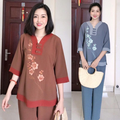 Đồ Lam Đi Chùa # Chữ Y Thêu Hoa SaLa Vải Đũi