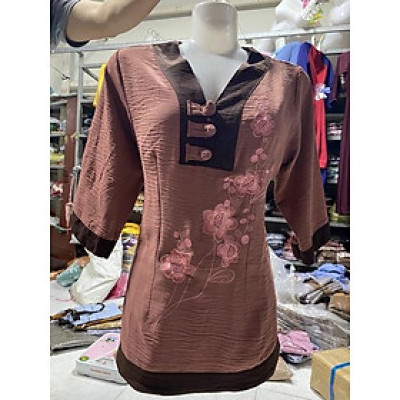 Đồ Lam Đi Chùa # Chữ Y Thêu Hoa SaLa Vải Đũi