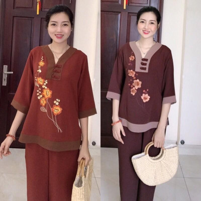 Đồ Lam Đi Chùa # Chữ Y Thêu Hoa SaLa Vải Đũi