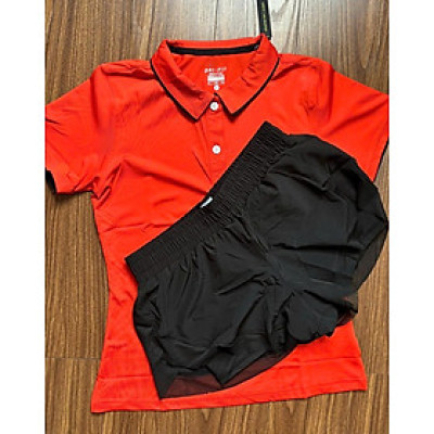 Set đồ nữ gồm áo thun cổ trụ và quần đùi 2 lớp phong cách thể thao sang trọng