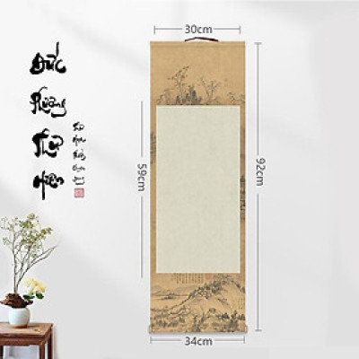 Liễn bồi trục viết thư pháp cổ phong sơn thuỷ in viền tranh thuỷ mặc đặc sắc, thẩm mỹ